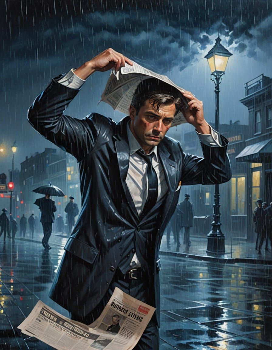 Rainy Night Detective in a Noir Cityscape