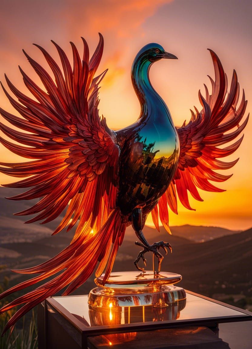 Glass Phoenix with Raging Flames and Sunset