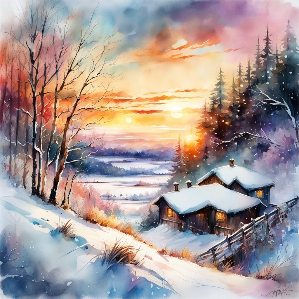 Snowy Sunset: Digital Watercolor Illustration