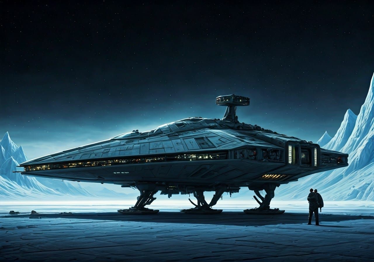 Grimdark Sci-Fi Starship on Icy Spaceport