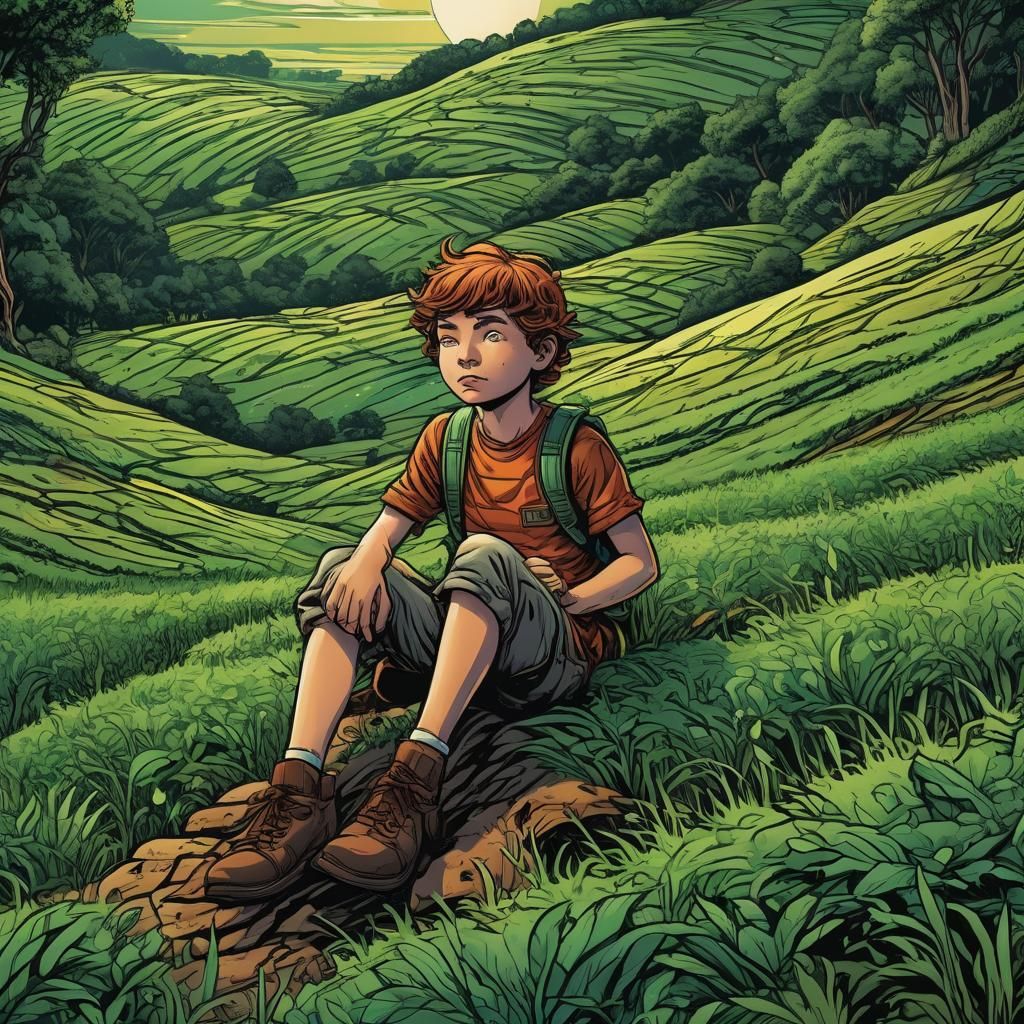 Retro Comic Book Child in Green Field