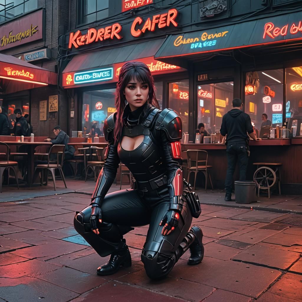 Cyberpunk Scene: Rubberwoman, Ghostly Crusader, Neon Cafe