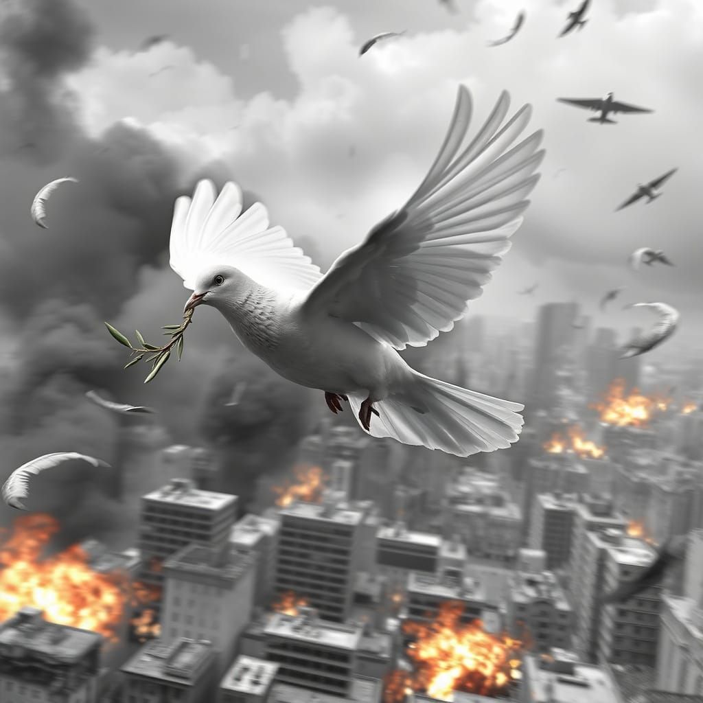 White Dove Flees Devastated City Amid War and Explosions
