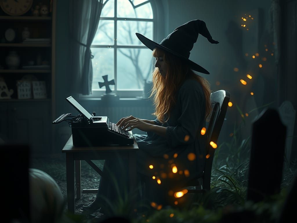 Witch Typing in Ethereal Light Blurring Reality and Story