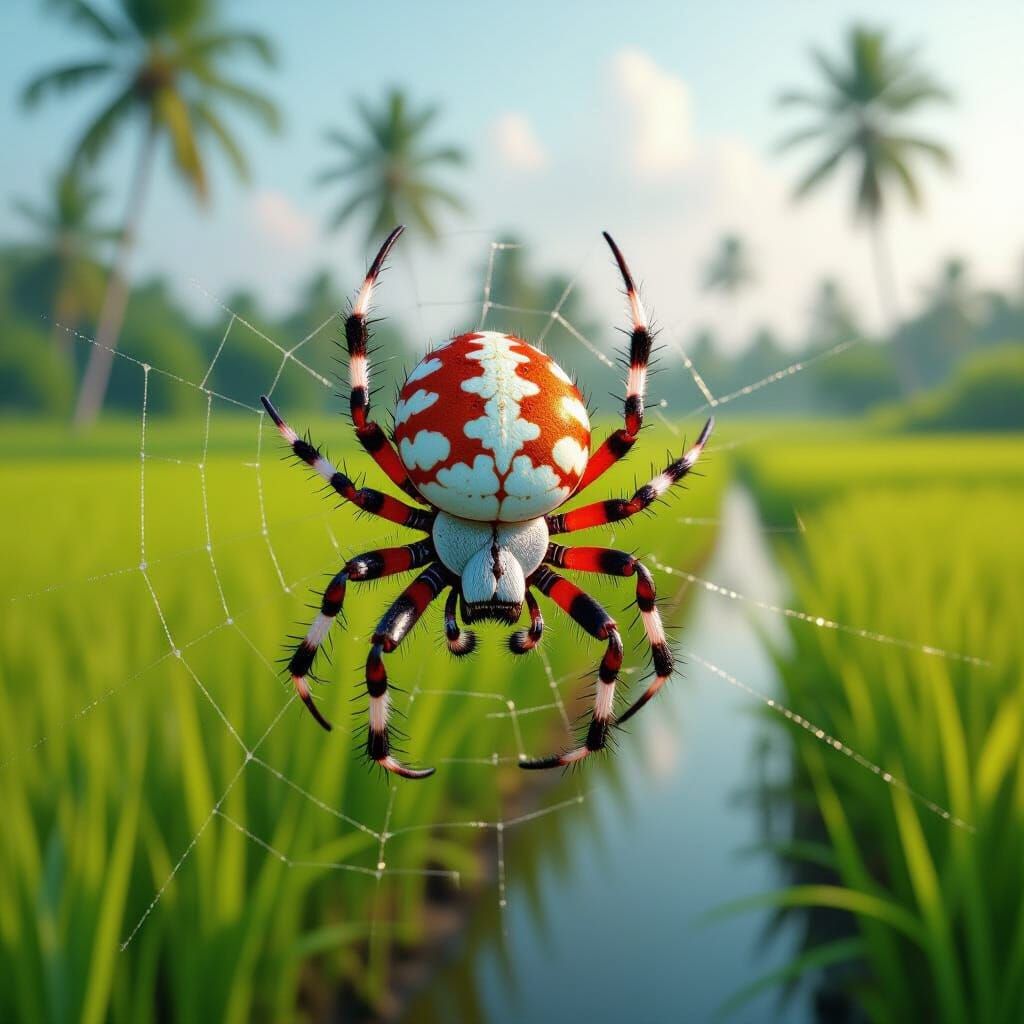 Spiny Spider Weaving Web in Kerala Paddy Field