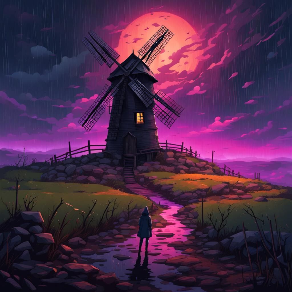 Haunted Windmill with Dark Figure in the Night