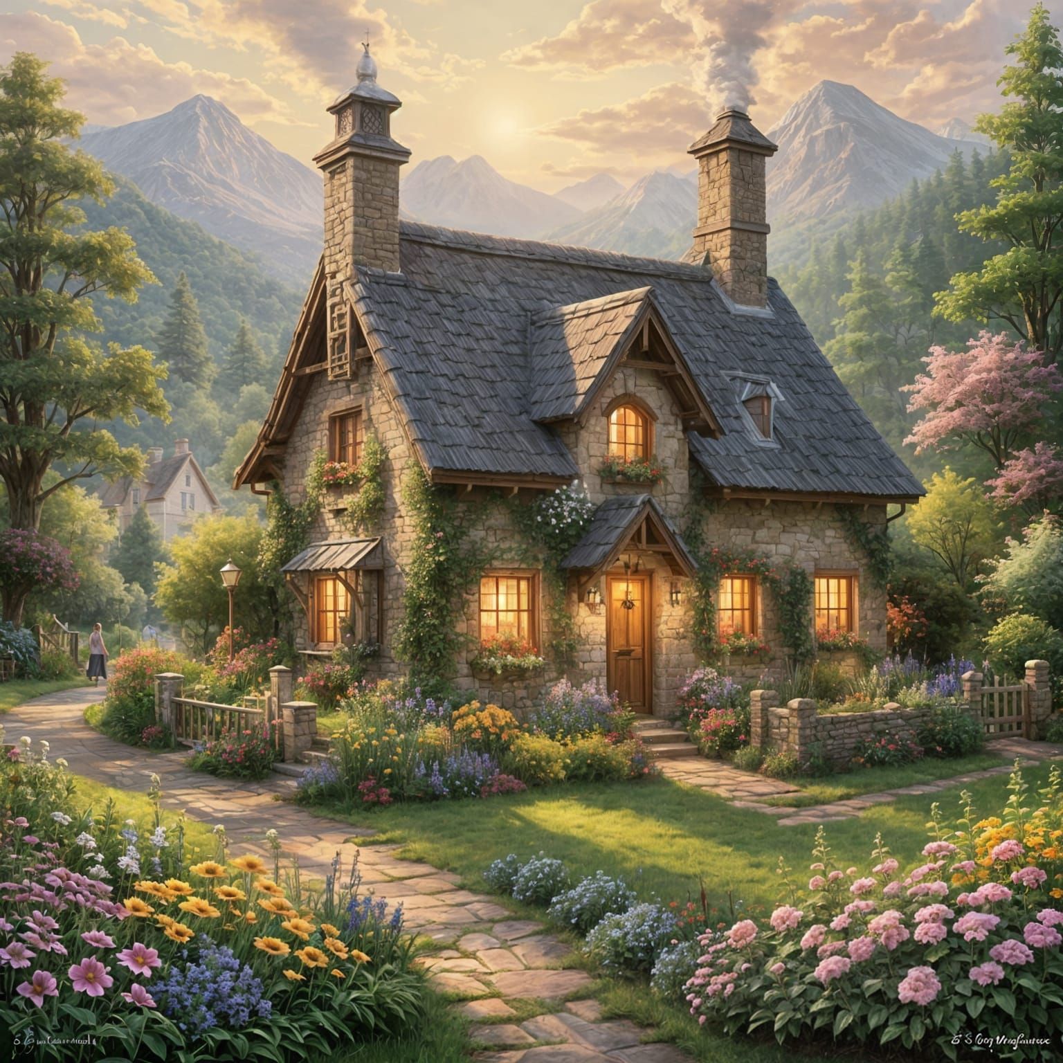 Whimsical Country Cottage in Watercolor Style