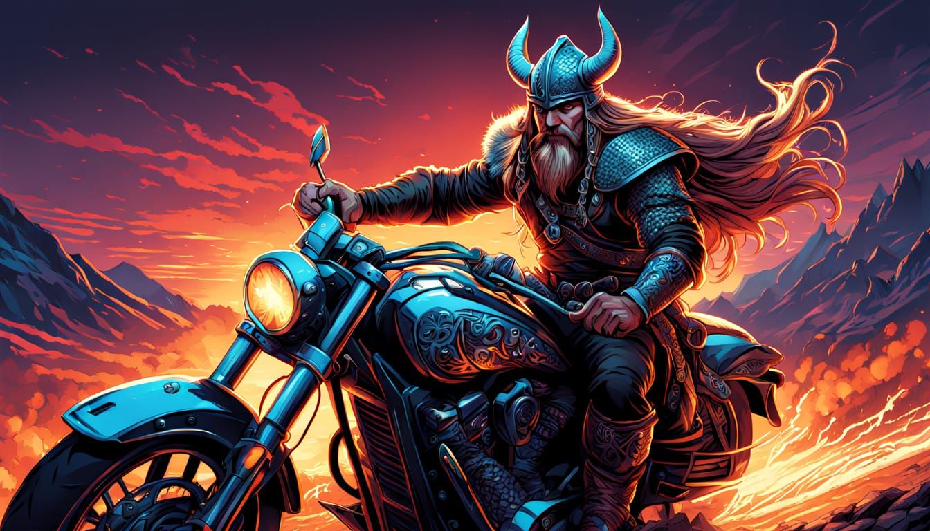 Viking Warrior Rides a Motorbike in a Vibrant Sunset Scene