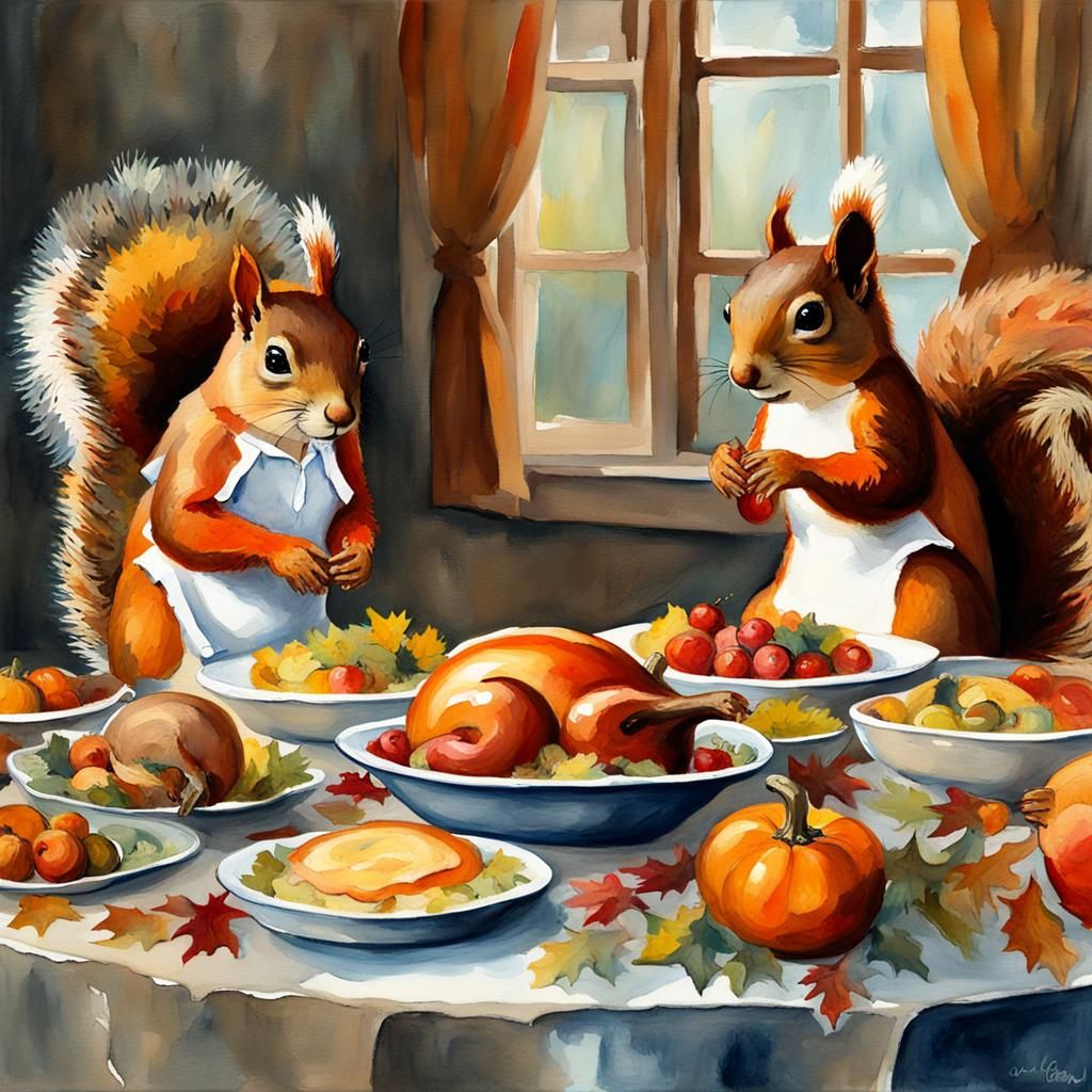 Squirrels' Thanksgiving Feast in Gouache Style