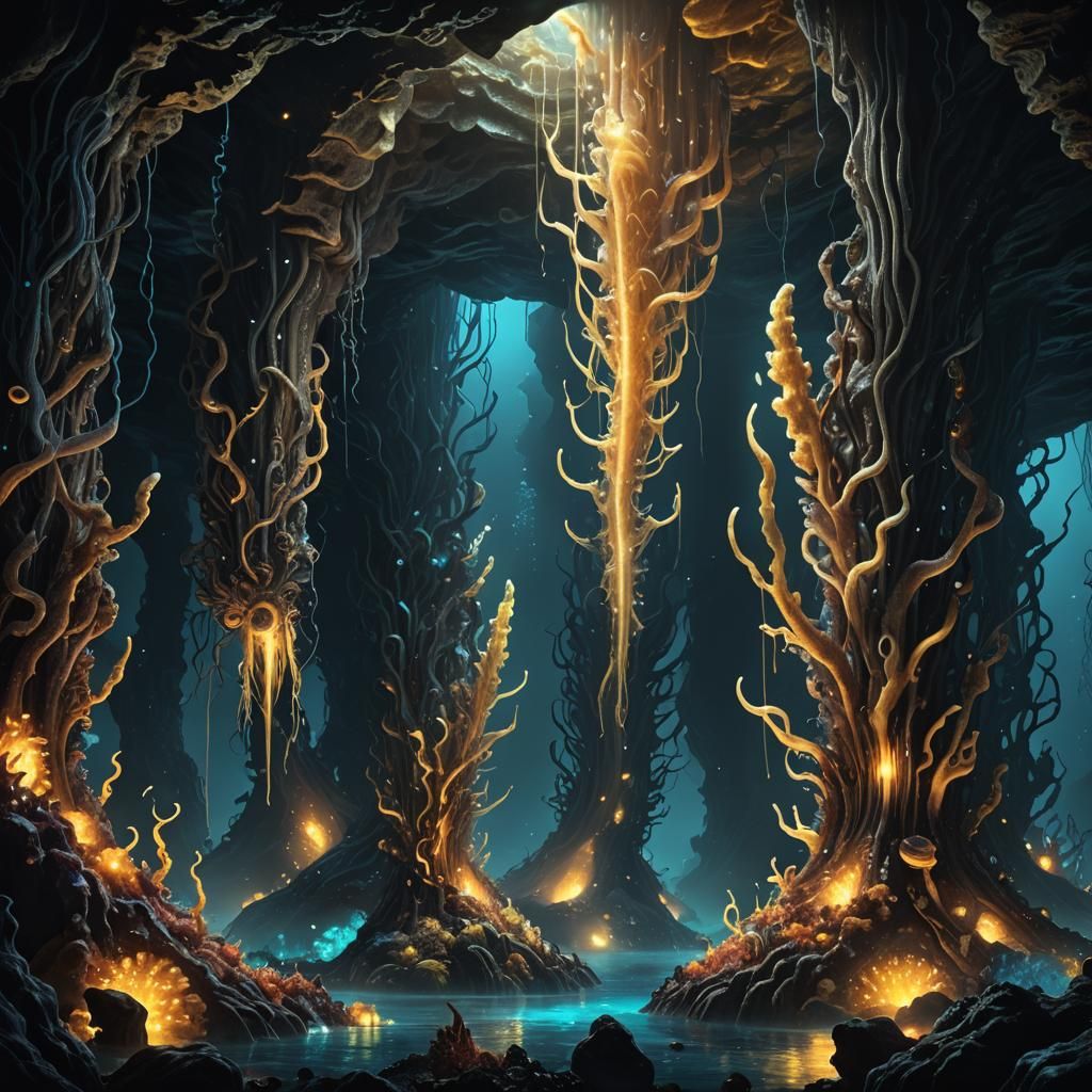 Bioluminescent Deep Sea Cave System in Dark Fantasy Art