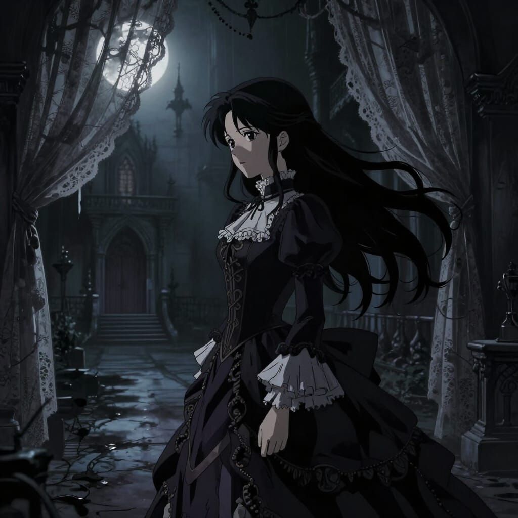 Melancholic Anime Woman in Gothic Castle Courtyard