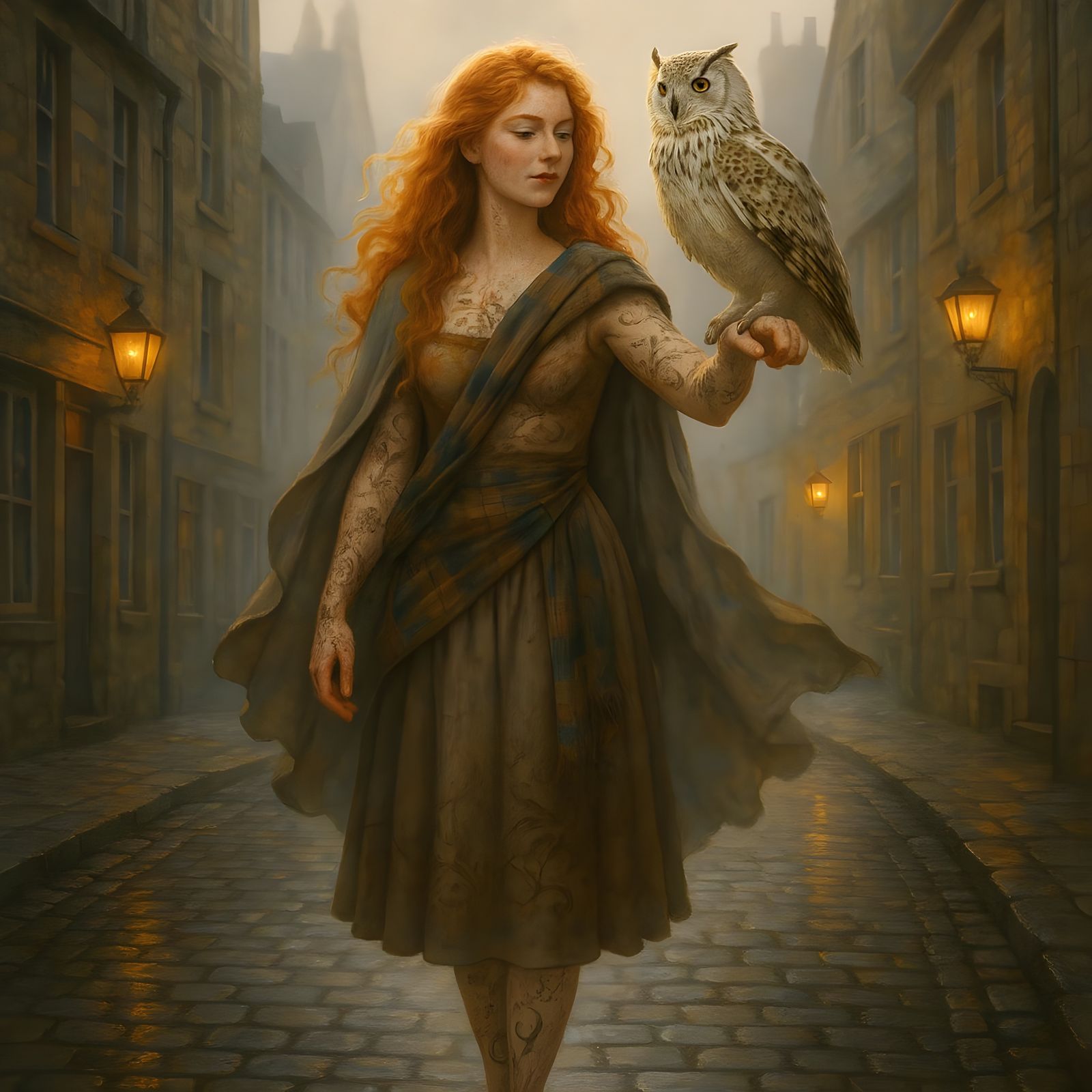 Scottish Woman with Owl in Dreamy Edinburgh Street