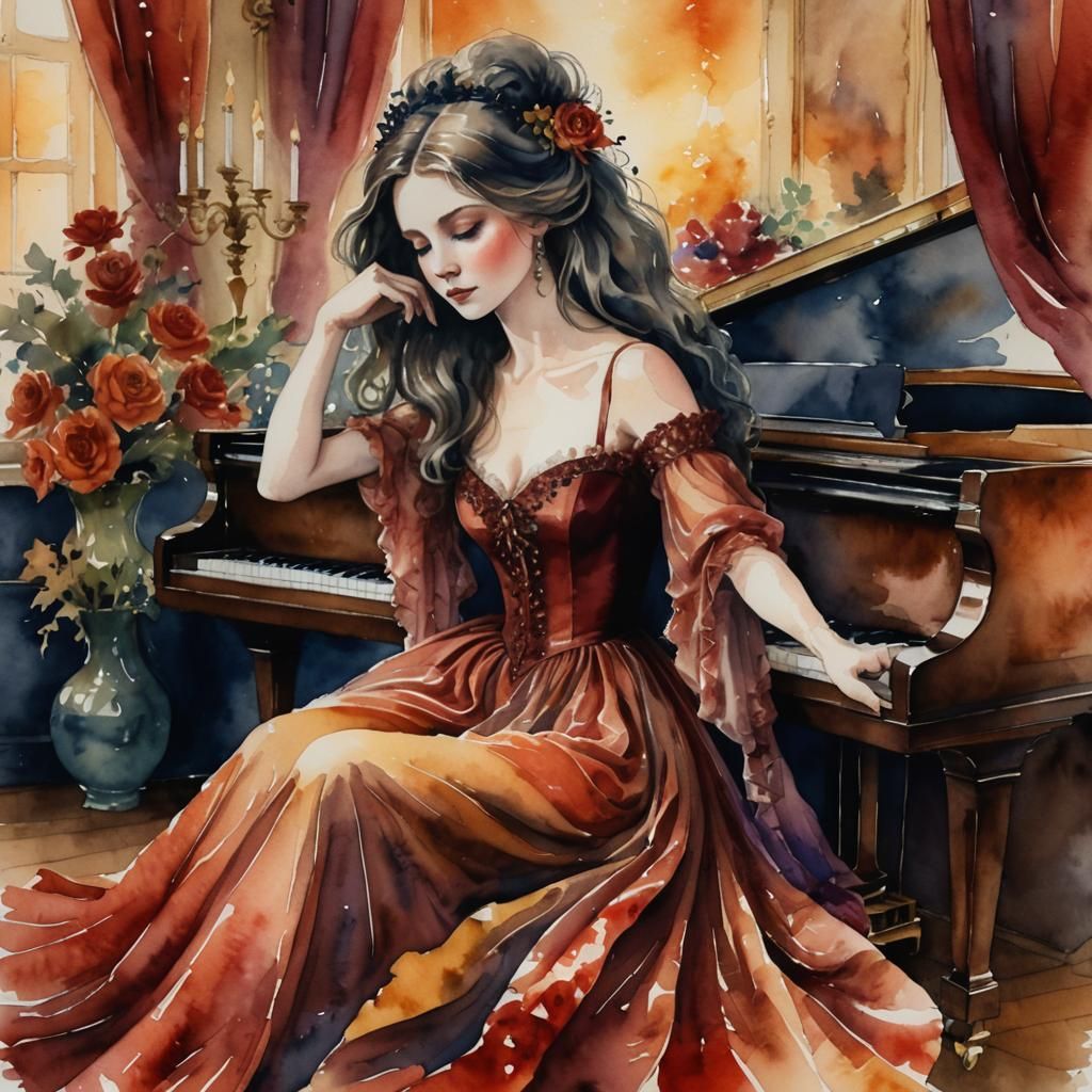 Gentle Witch Plays Piano: Watercolor Fantasy Portrait
