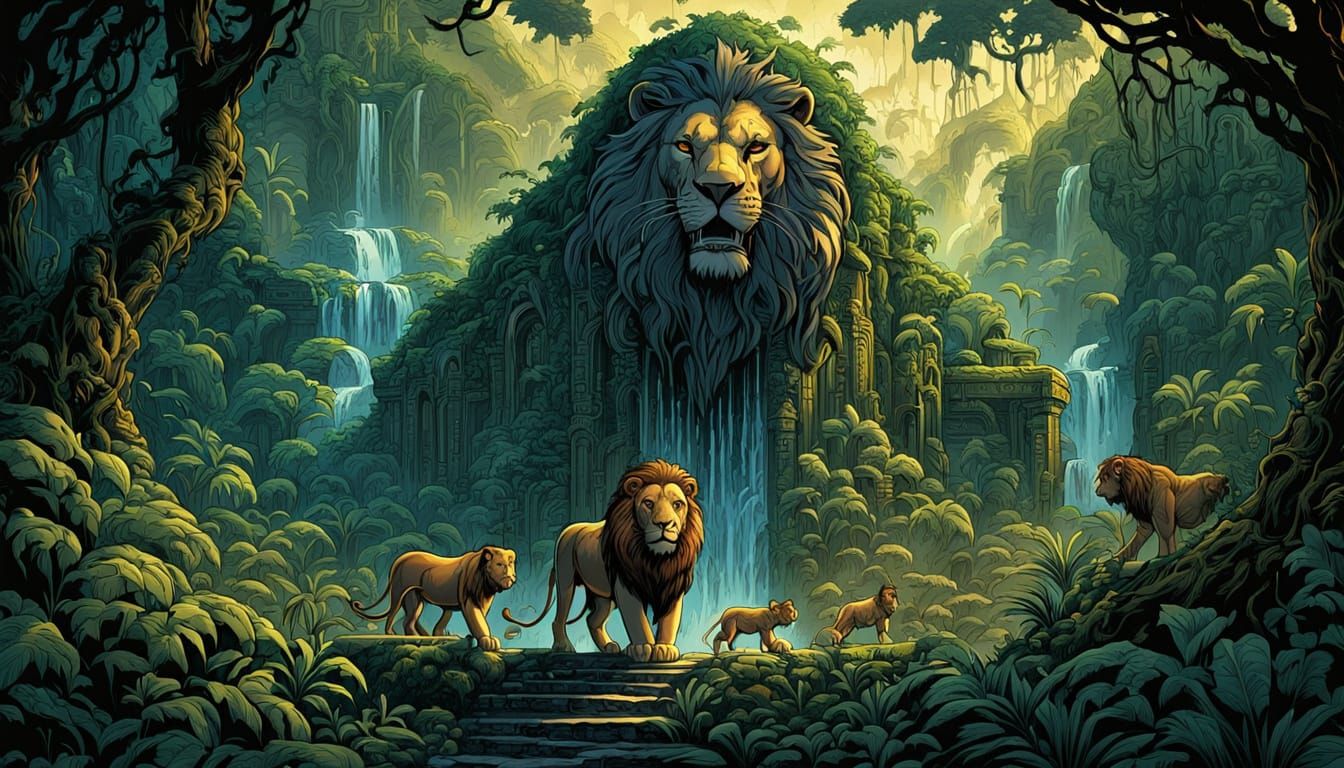 Lion Leads Animals to Temple in Comic Art