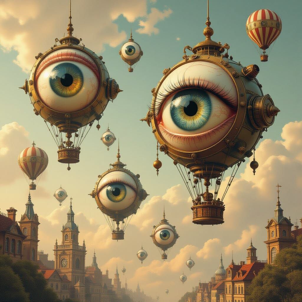 Surreal Dreamscape: Floating Eyeballs, Clockwork Sky, Vintag...