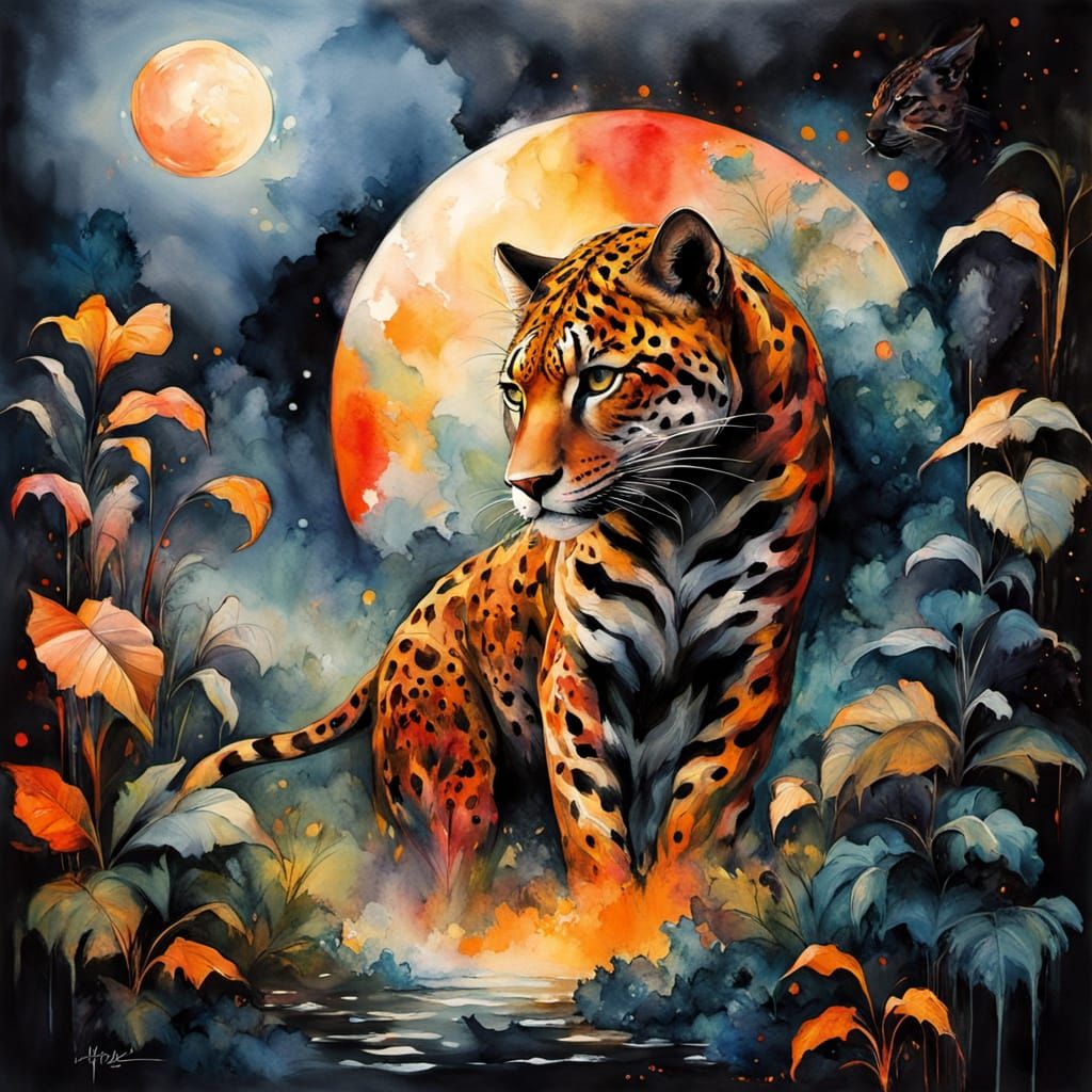 Moonlit Jaguar Stalks Through Rainforest in Whimsical Waterc...