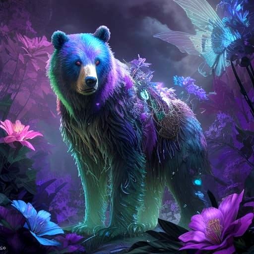 Steampunk Bear in Surreal Neon Fairy Forest
