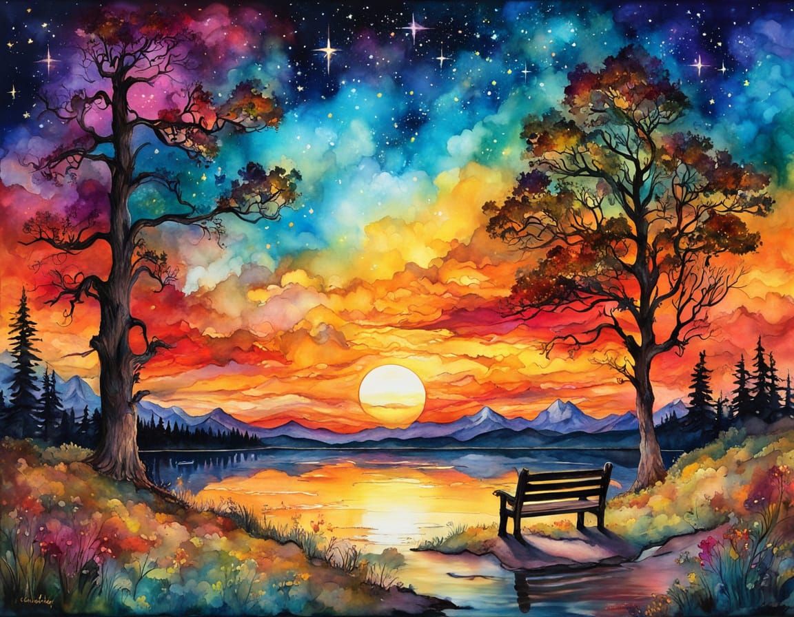 Sunset Park Bench Moose in Alcohol Ink Style