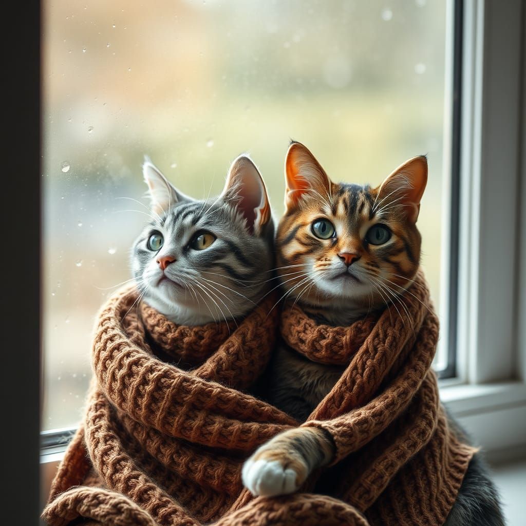 Cats Sharing Scarf Watching Rain: Cozy Photography