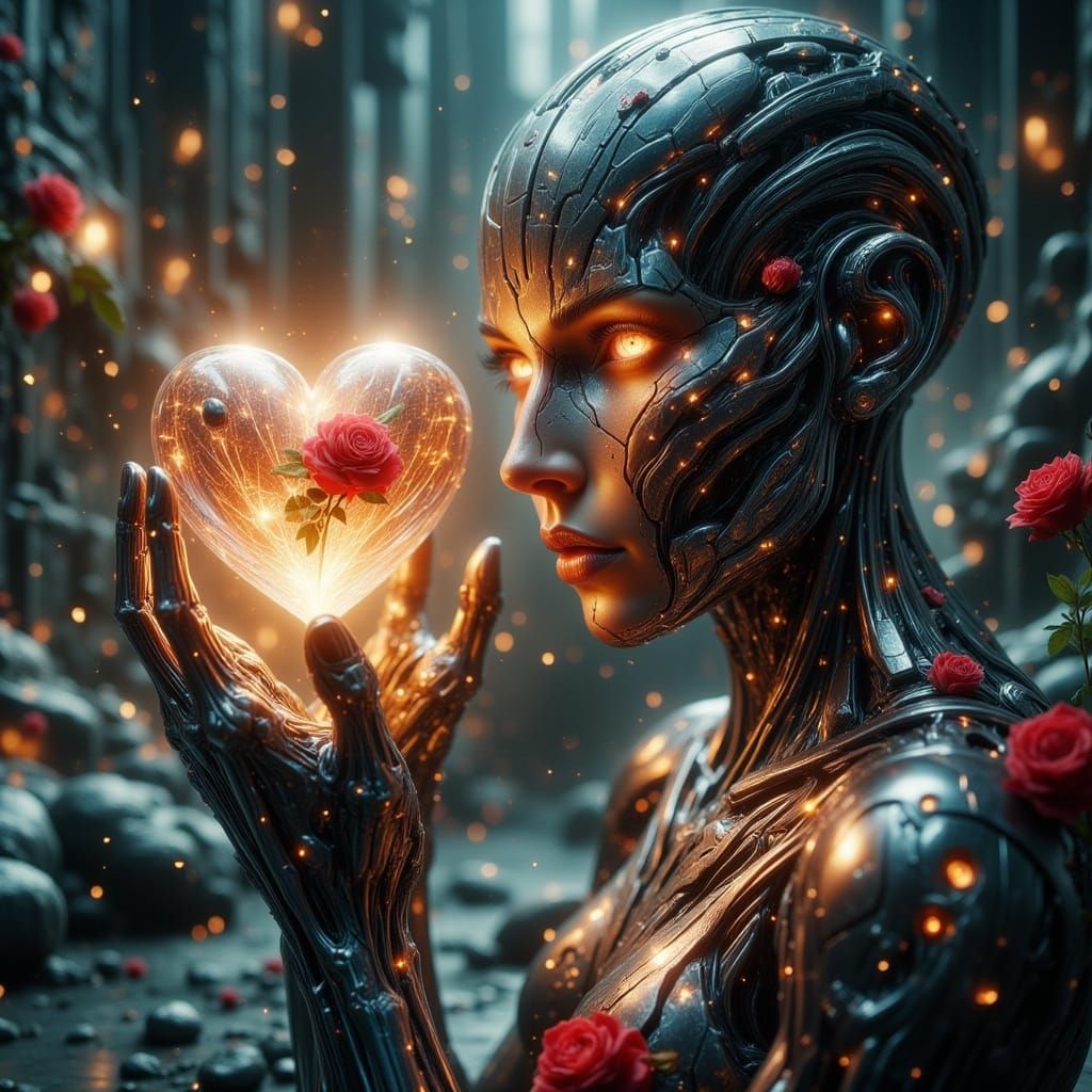 Robot Holding Glass Heart in Red Rose Bouquet