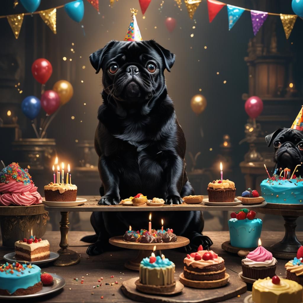 Black Pug Celebrates Birthday in Matte Painting