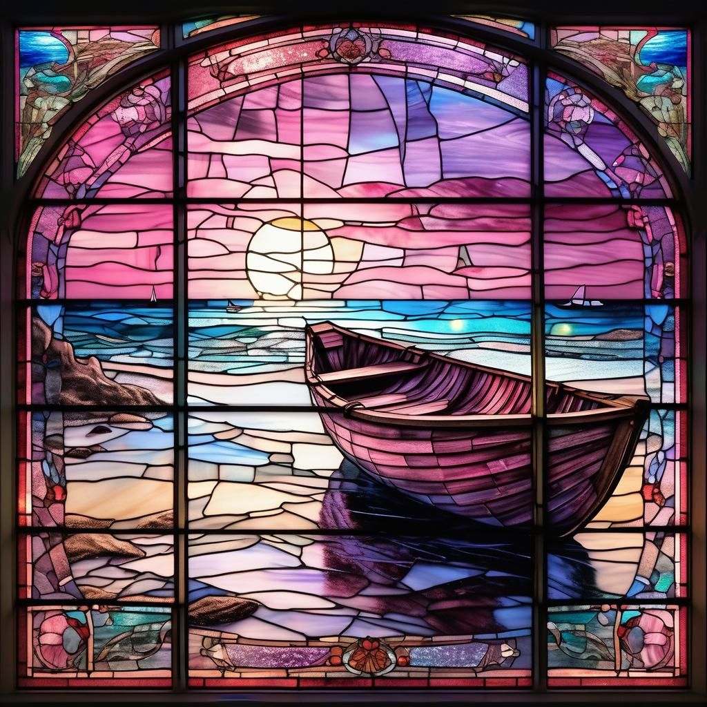 Stained Glass Window, Sunset Stranded Boat