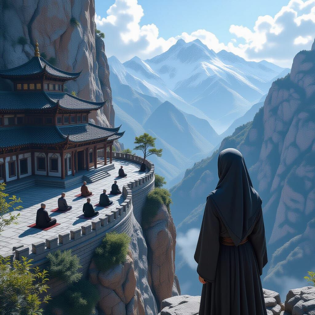 Serene Mountaintop Monastery Scene in Matte Painting Style