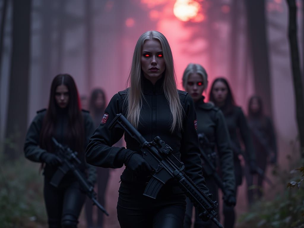 Vampire Combat Team Stalking Through Eerie Forest