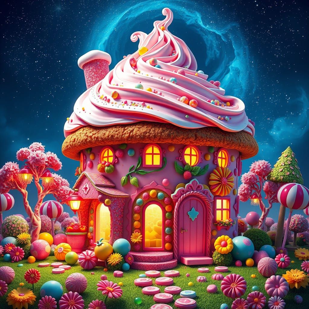 Sugar-Encrusted Cupcake House Under Starry Night Sky