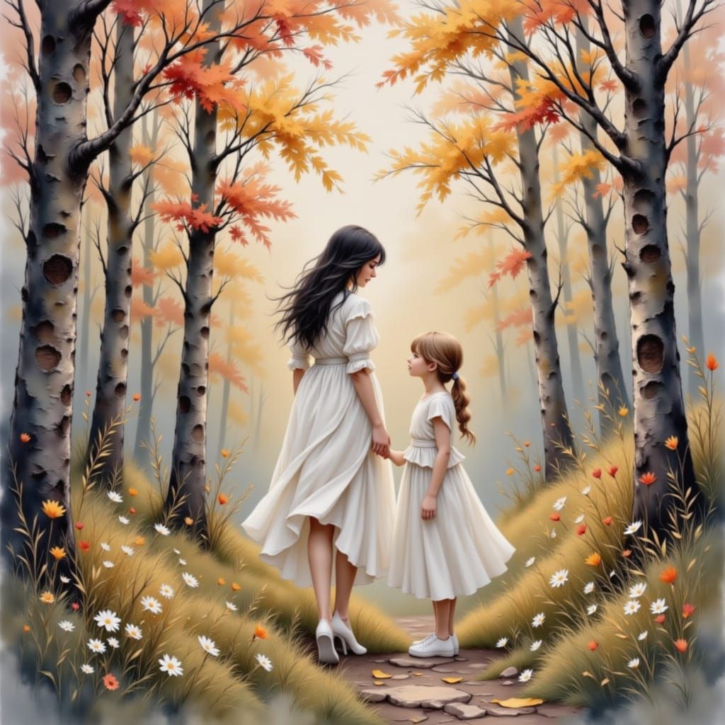 Mother and Daughter in Misty Forest, Watercolor & Coffee Art