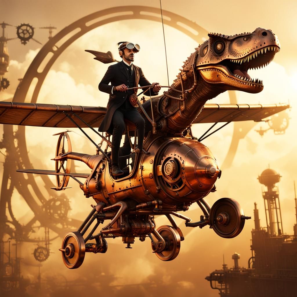 Steampunk Gyrocopter Pilot Chasing Mechanical Dinosaur