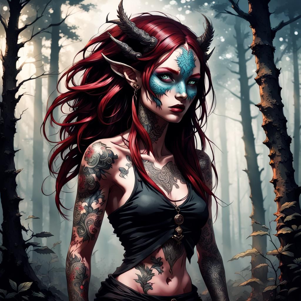 Striking Forest Nymph with Tattoos