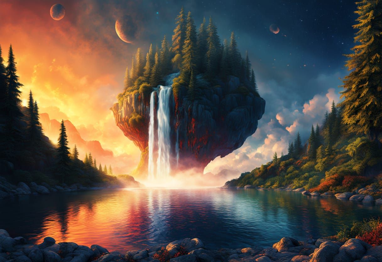 Surreal Asteroid Forest and Waterfall in Dreamlike Sky