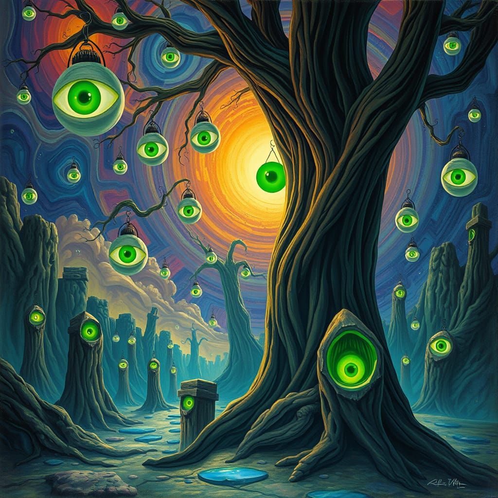 Surrealist Dreamworld with Glowing Eyes and Swirling Geometr...
