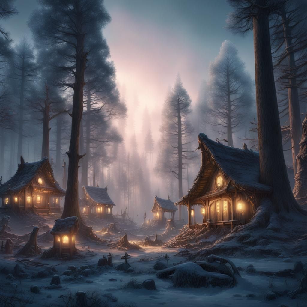 Elven Colony in Misty Pine Forest: Fantasy Concept Art