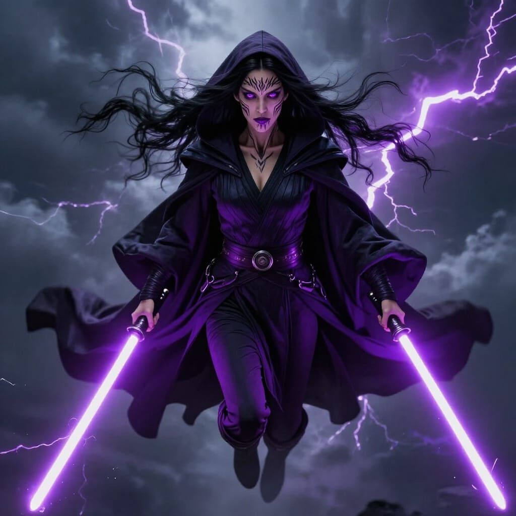 Female Jedi with Purple Lightsabers in Stormy Scene
