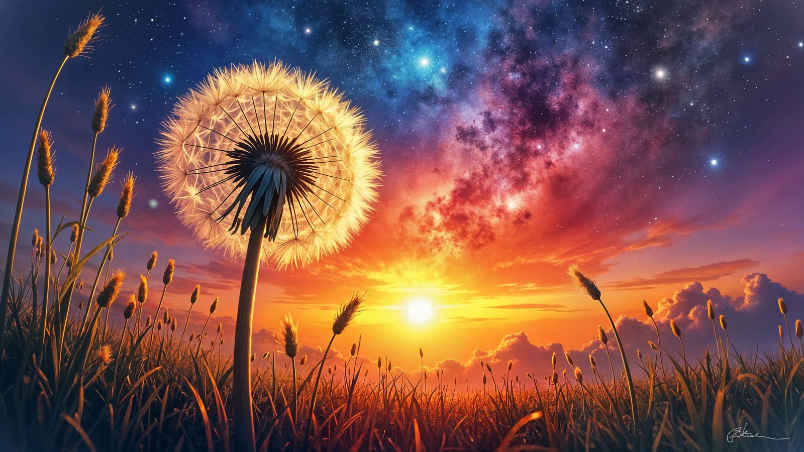 Golden Hour Dandelion Amidst Swirling Galaxies