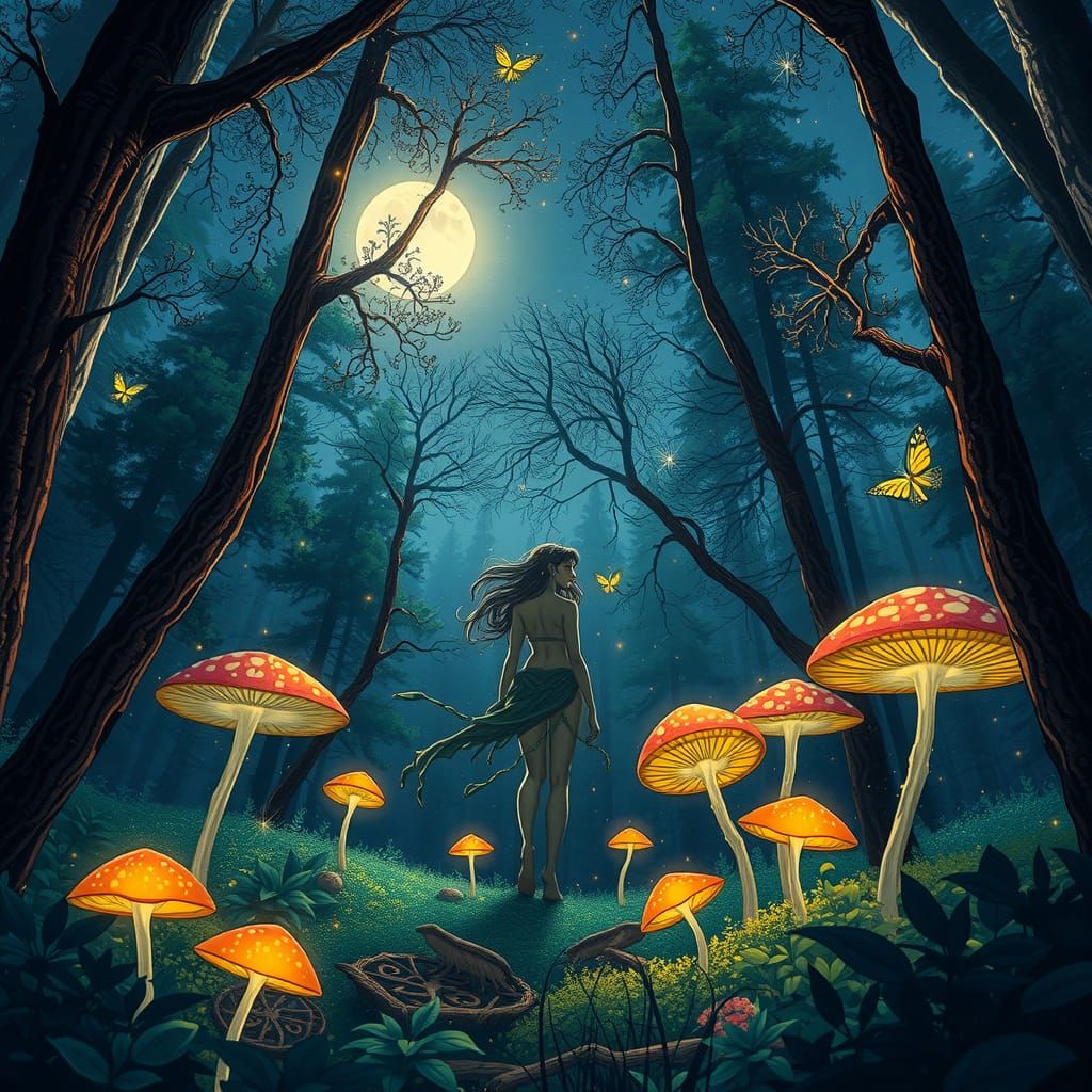 Dryad in Moonlit Forest: Pointillism Fantasy Art