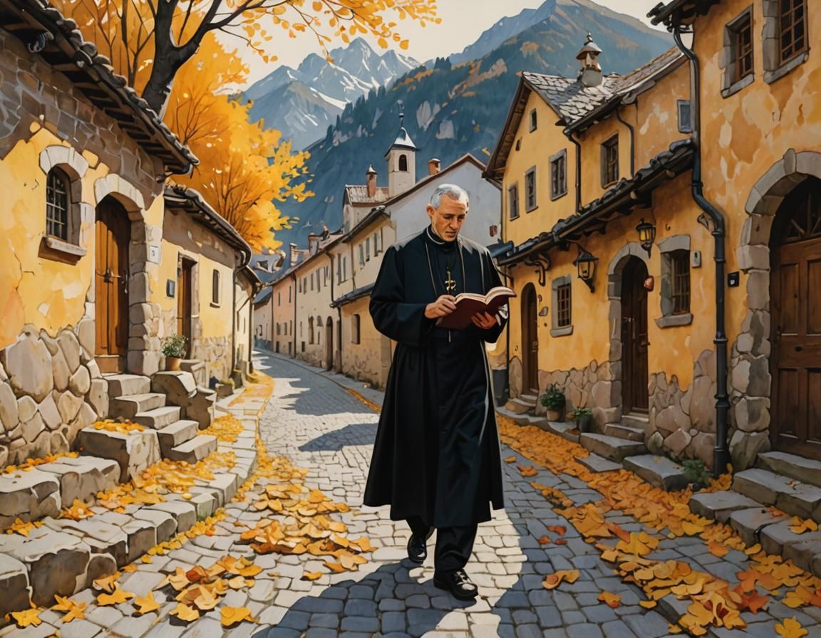 Priest Reading in Mountain Village: Impressionistic Autumn S...