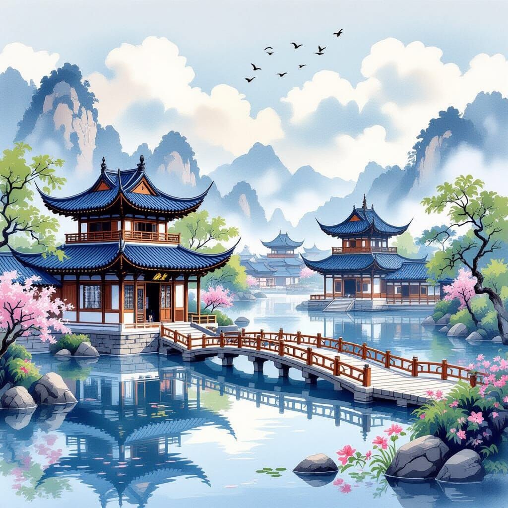 Dreamy East Asian Temple Complex on Serene Lake