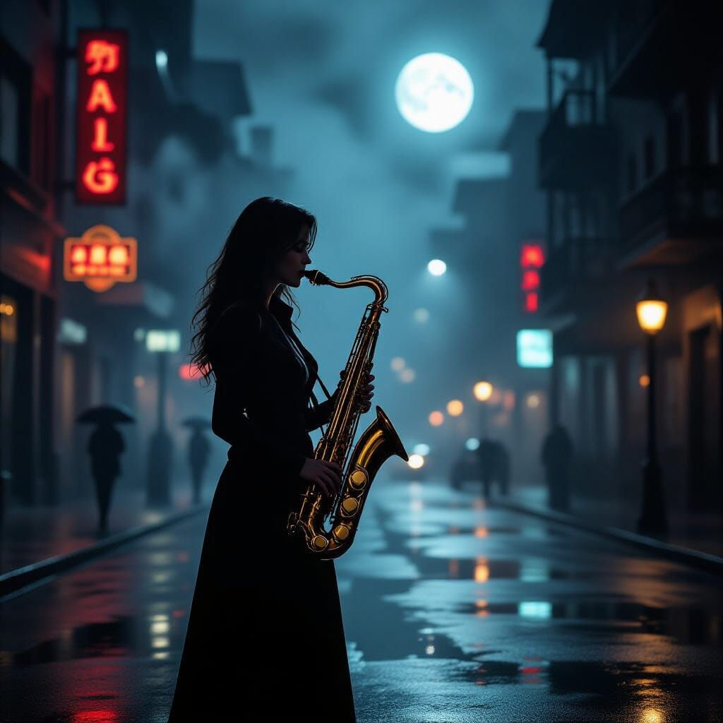 Saxophone Player in Smoky Moonlit Cityscape