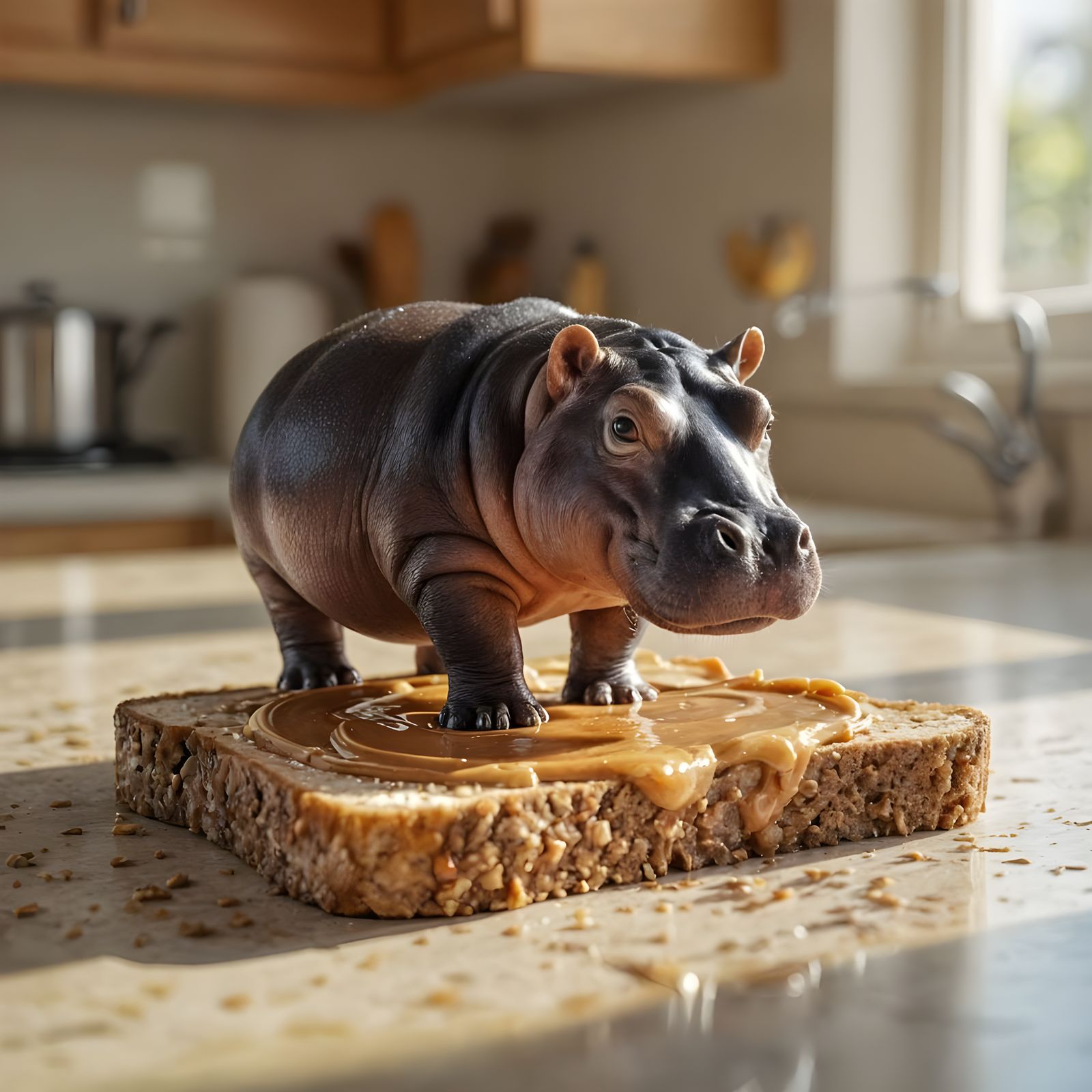 Tiny Hippo Walks on Peanut Butter Toast in Photorealistic De...