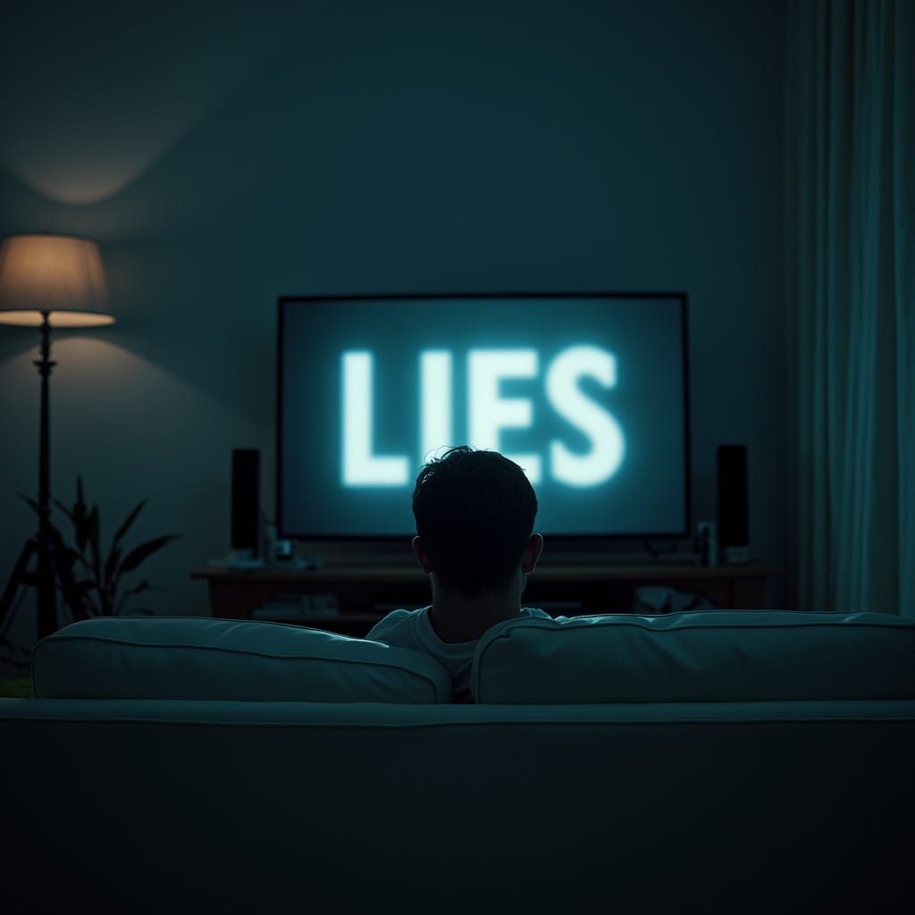 A Man Surrounded by Deception in a Haunting Cyberpunk Scene