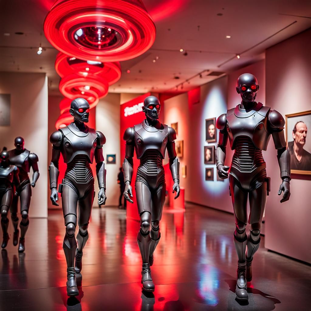 Hyperrealistic Cyborg Bobblehead Figurine in Museum