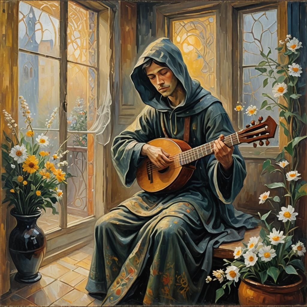 Hooded Musician by Window: Neo-Impressionist Oil Painting
