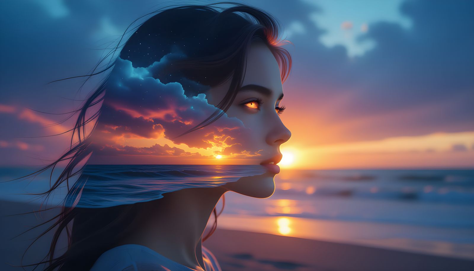 Mystical Woman Portrait with Surreal Nature Double Exposure