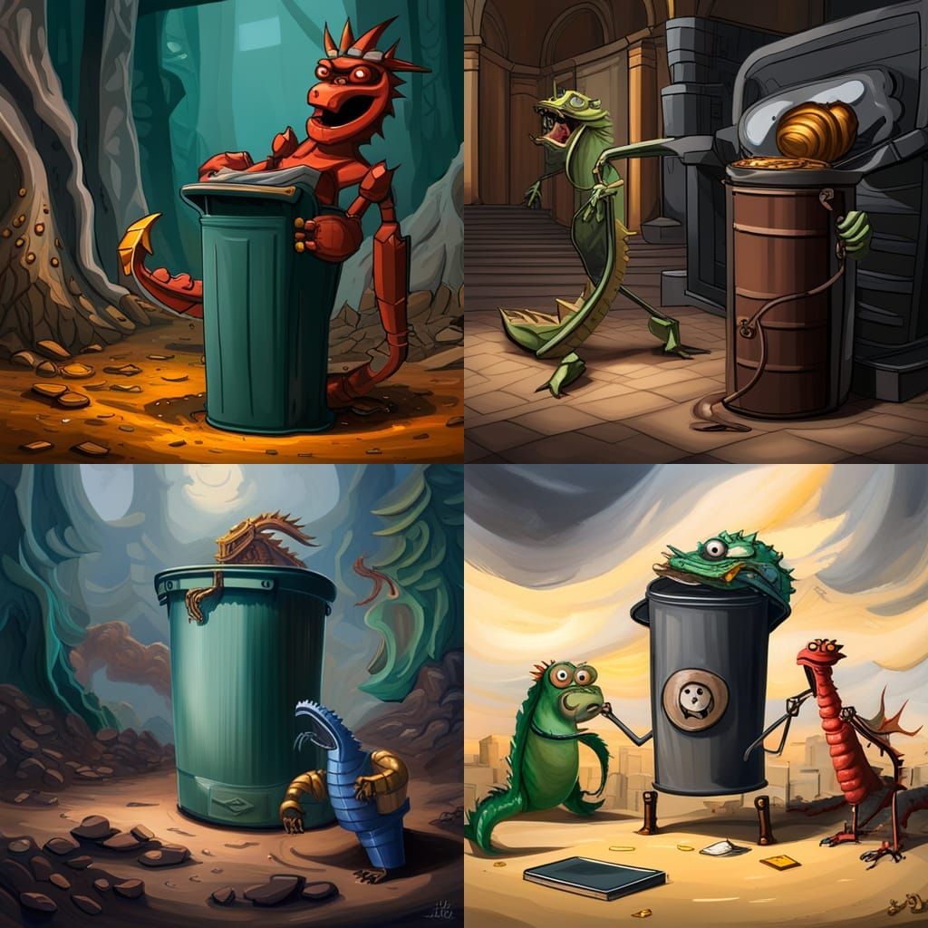 Muscular Trash Can Victorious Over Dragon, Oil Painting