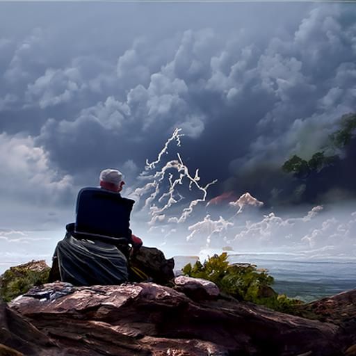 Old Man on Cliffside in Stormy Weather