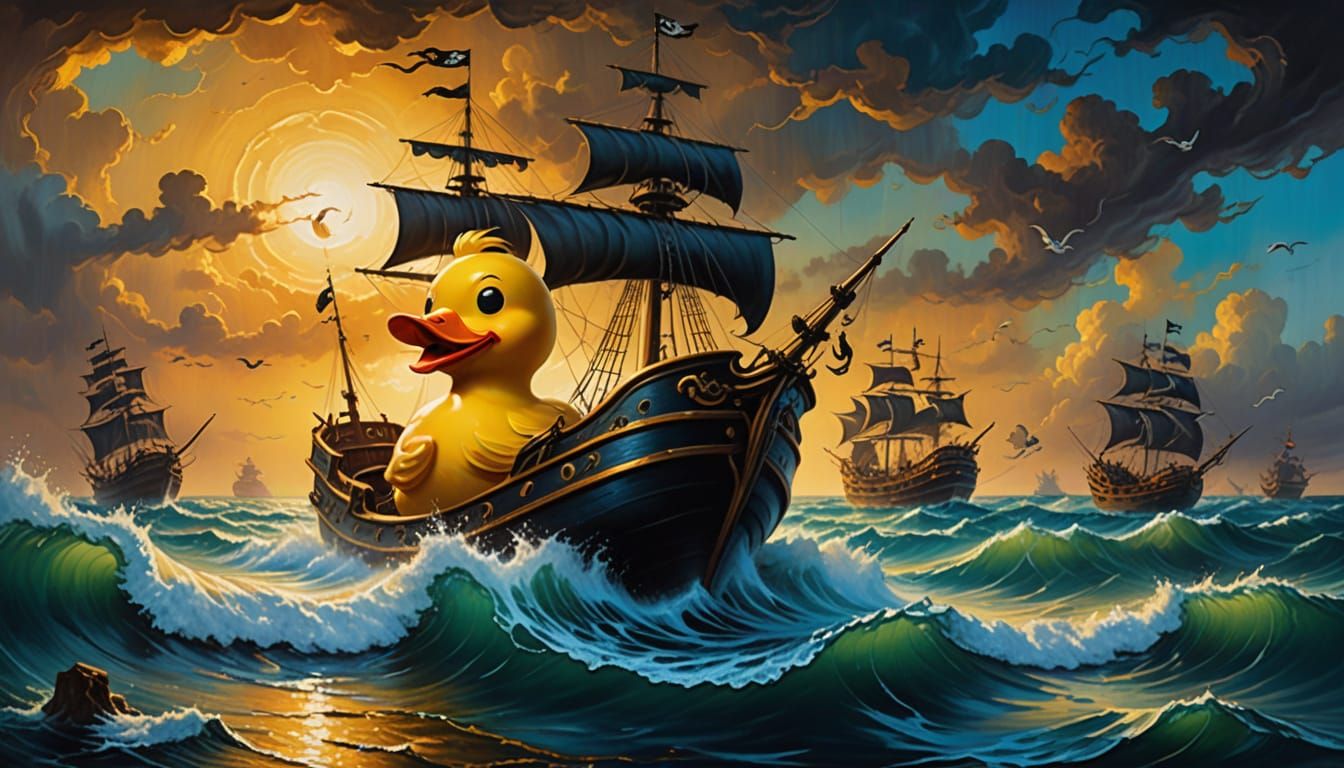Vibrant Pirate Rubber Duck Ship Sails Stormy Seas in Dreamli...