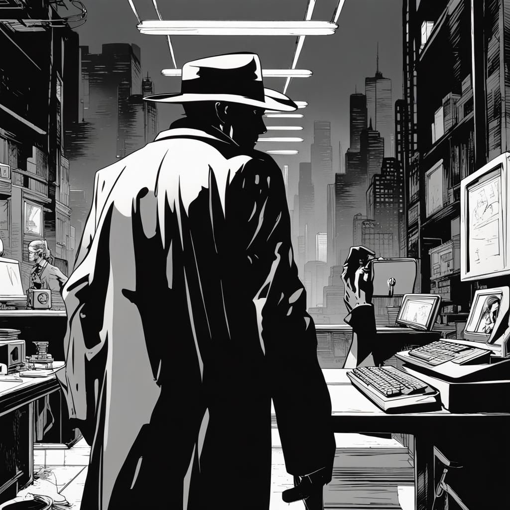 16k resolution, art by Sin City, Frank Miller, modern detective character, original noir graphic novel style, high-tech ...
